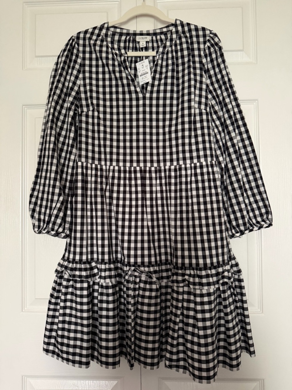 J. Crew Black and White Gingham Tiered Peasant Dress